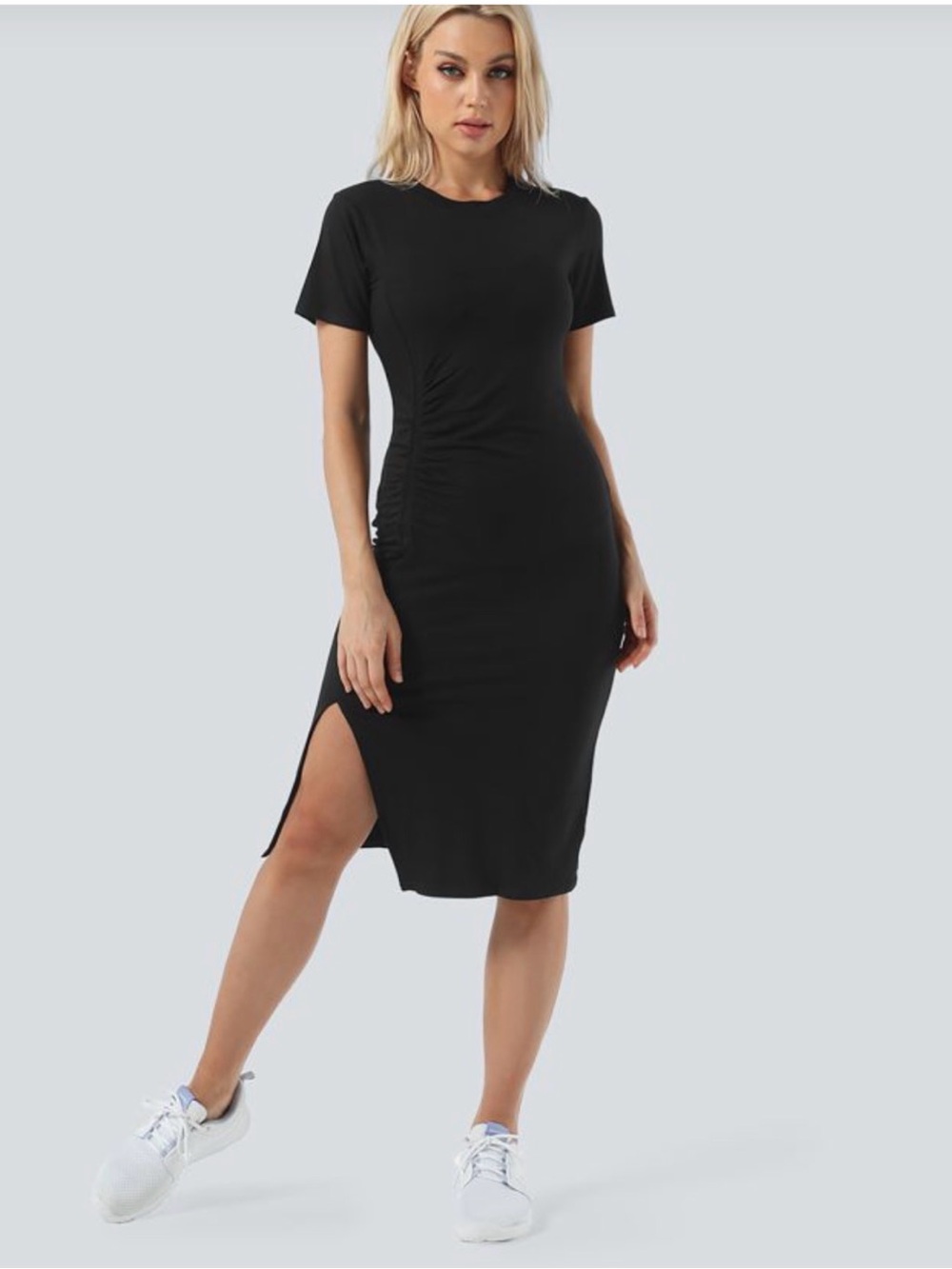 NWT Halara Black Everyday Ruched Split Hem Midi Chill Dress stretch small